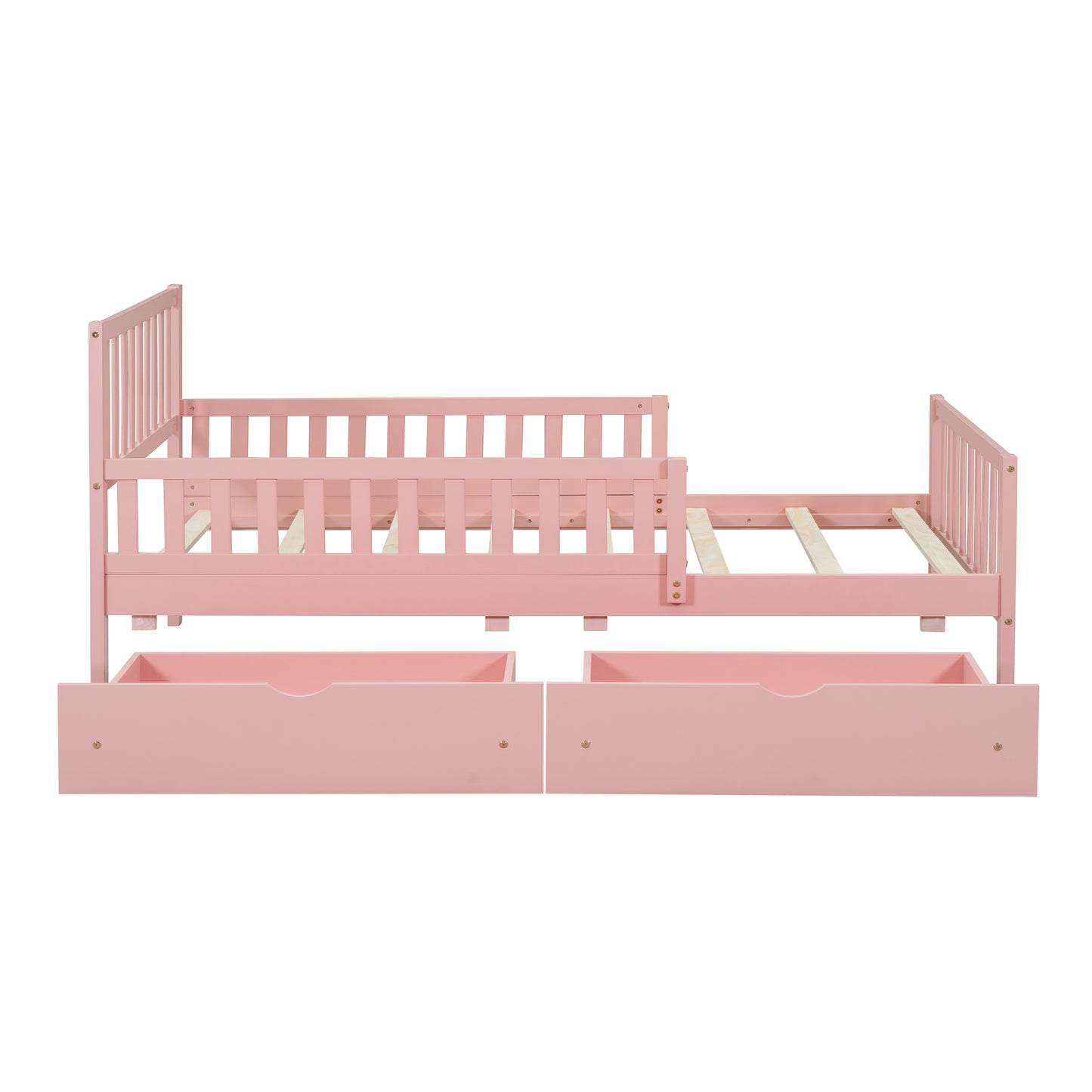 Pink wooden toddler bed with safety rails and two underbed storage drawers