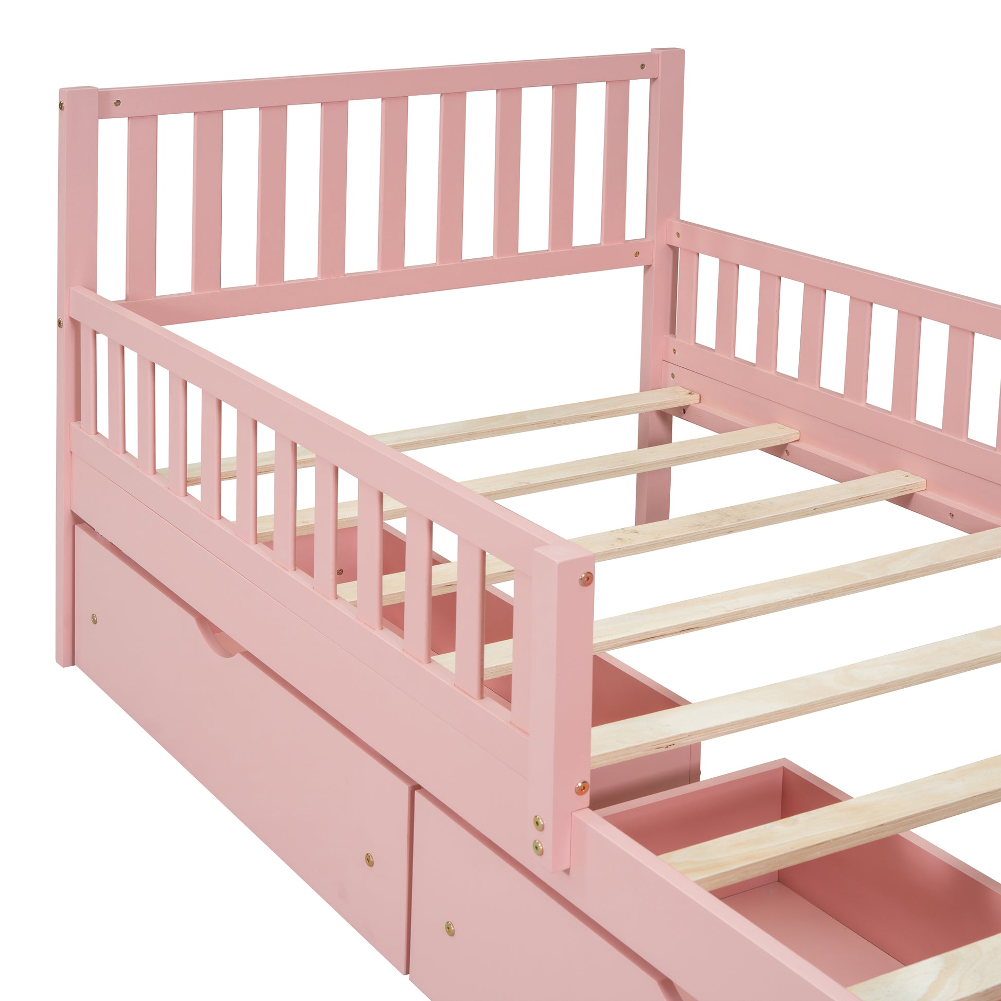 Pink twin bed frame with safety rails and integrated storage drawers