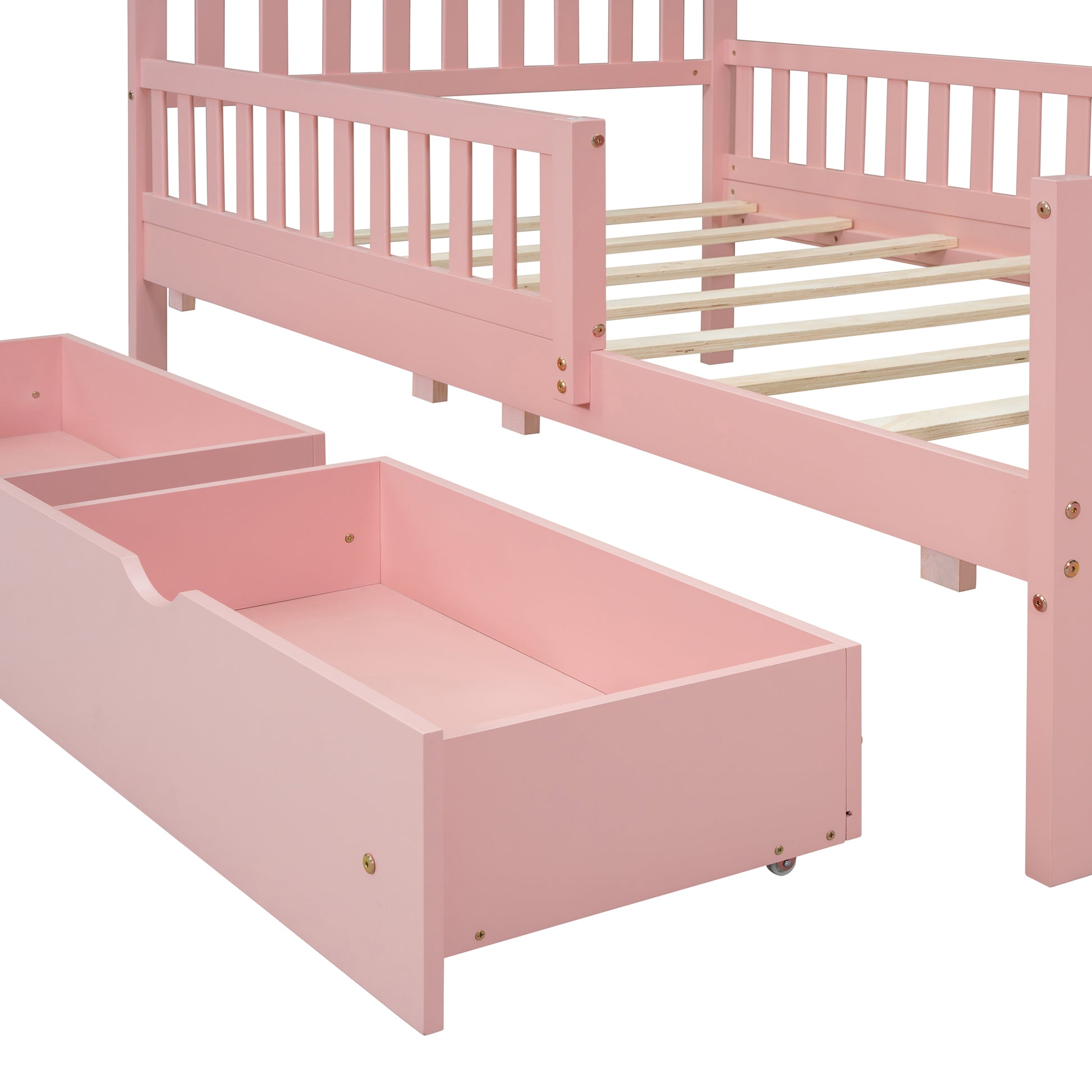 Pink toddler bed frame with integrated storage drawers for kids