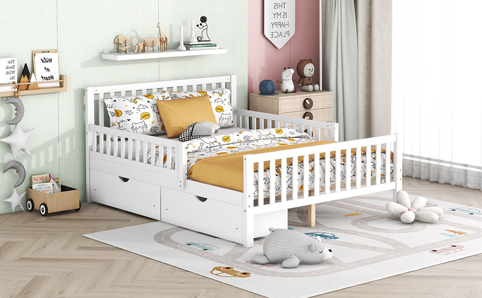 White wooden toddler bed with drawers and playful cat bedding