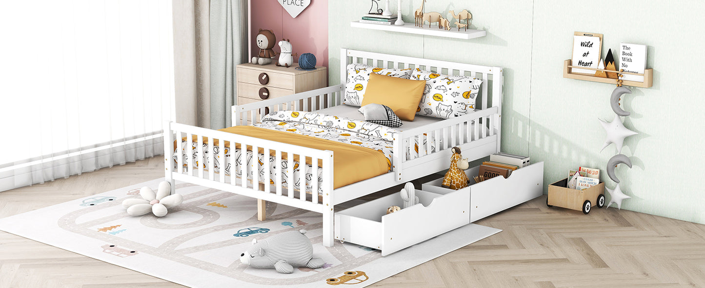 White wooden toddler bed with playful animal bedding and storage drawers