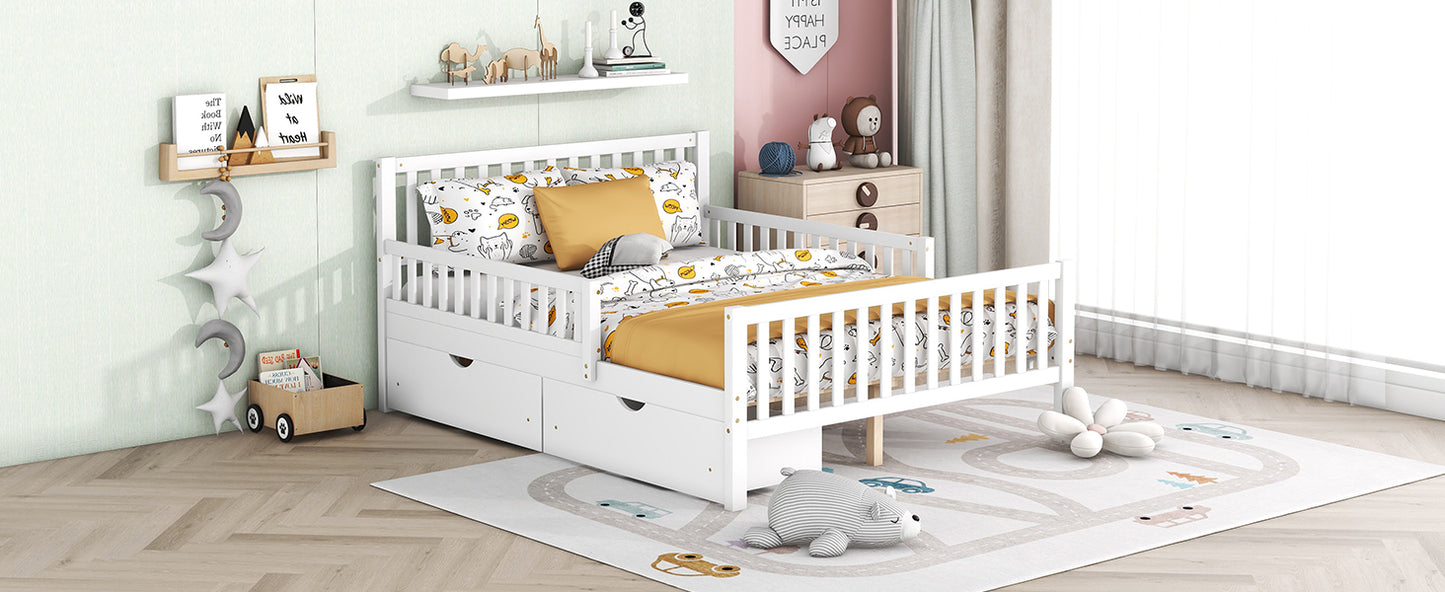 White wooden toddler bed with playful catthemed bedding and storage drawers