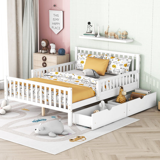 White toddler bed with storage drawers and playful bedding