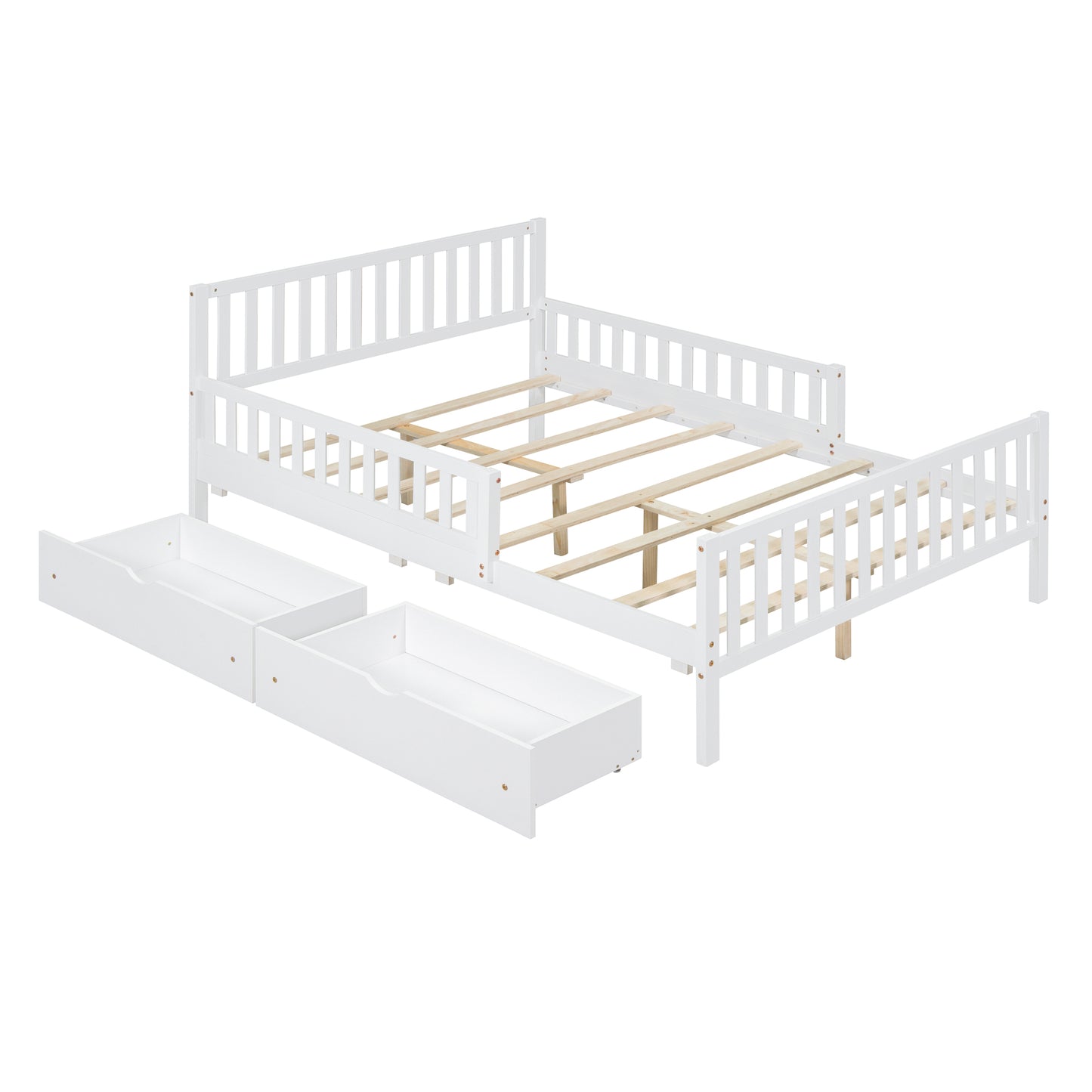 White wooden toddler bed frame with two storage drawers and slatted support