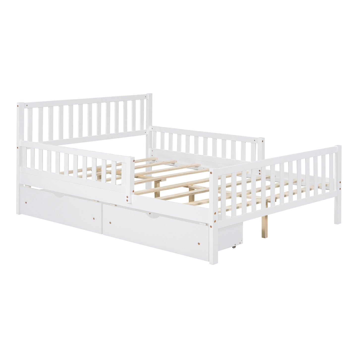 White twin bed frame with safety rails and three storage drawers