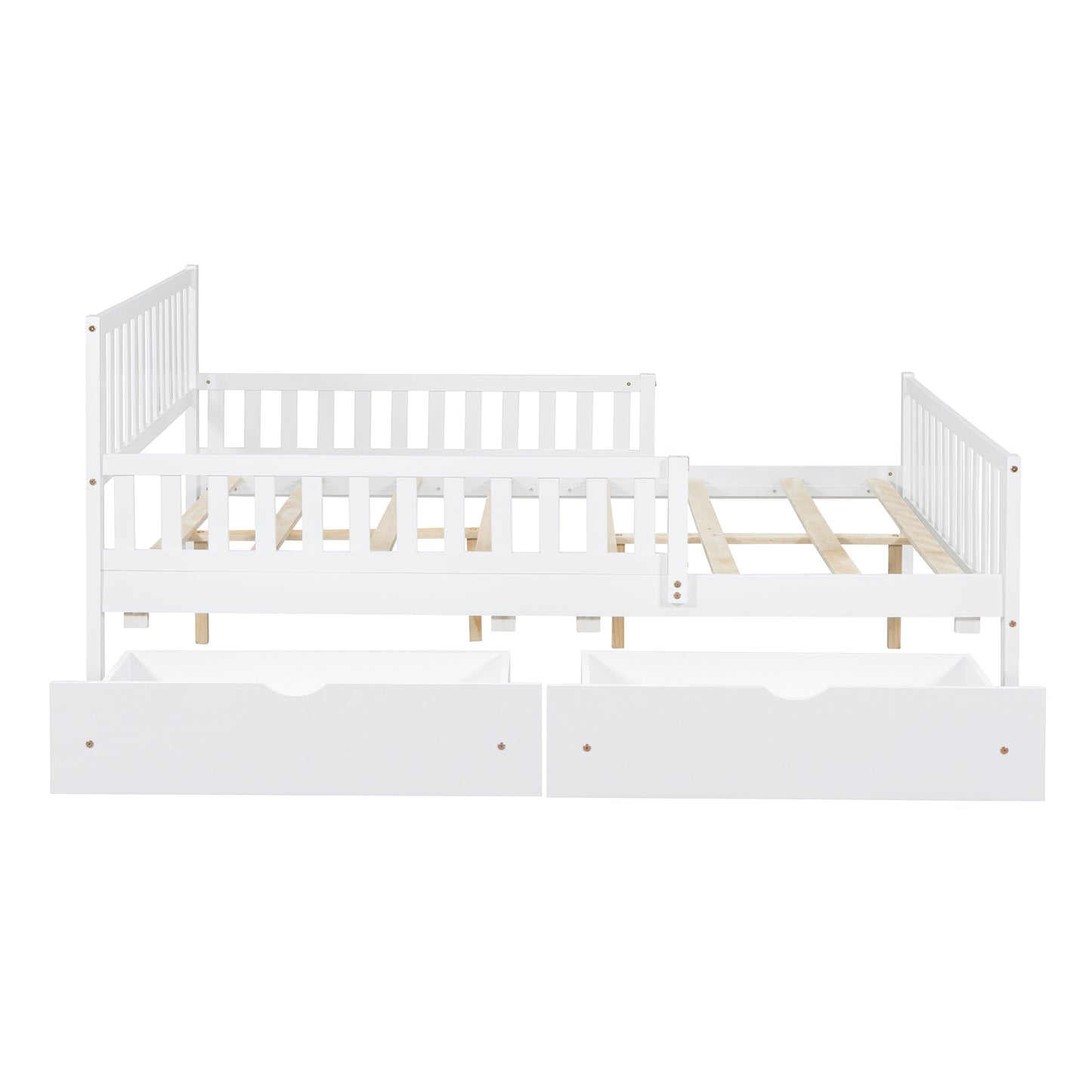 White toddler bed frame with safety rails and two storage drawers