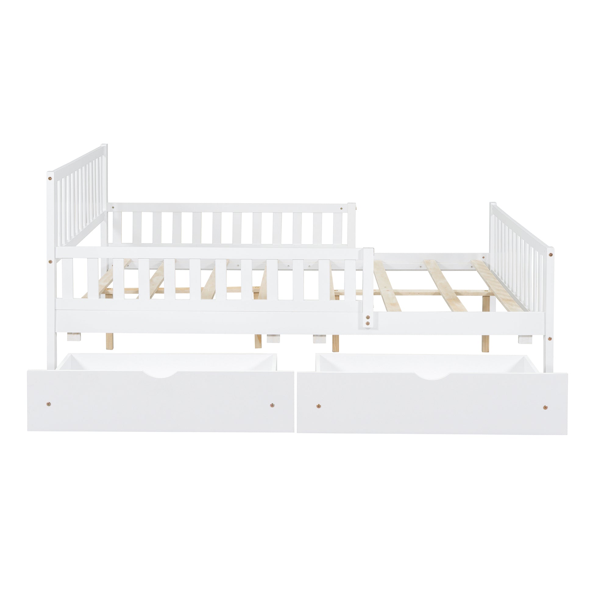 White toddler bed frame with safety rails and two storage drawers