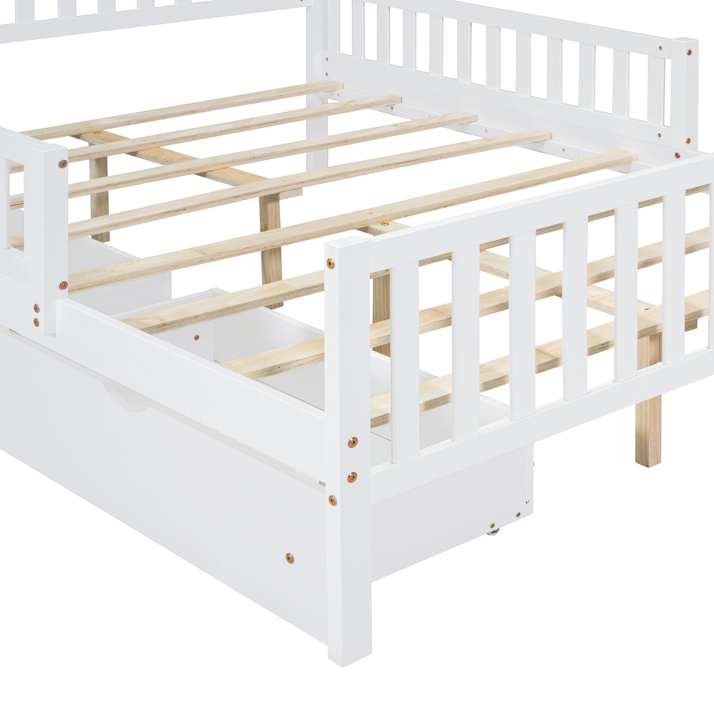 White wooden toddler bed frame with integrated storage drawers