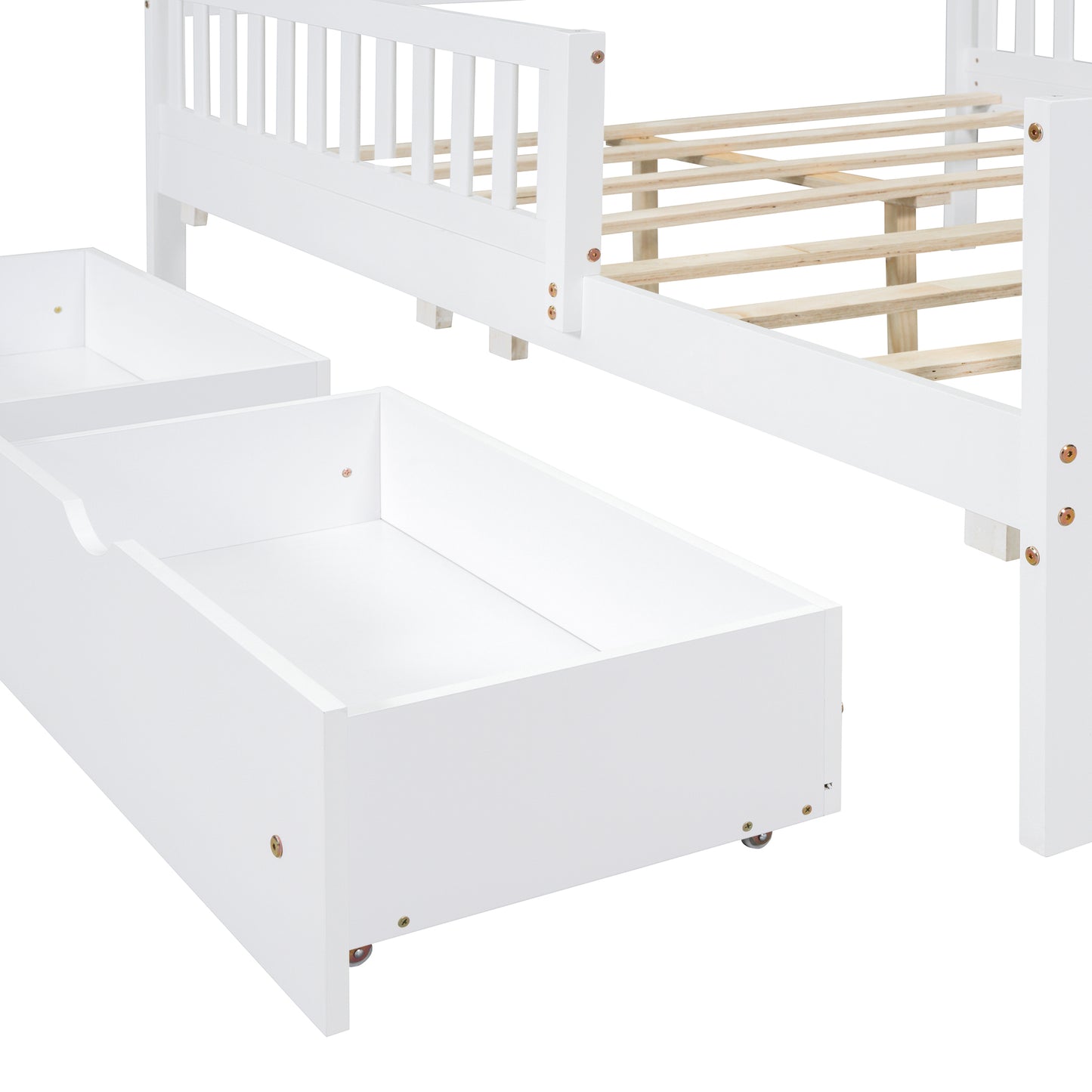 White wooden twin bed frame with two underbed storage drawers
