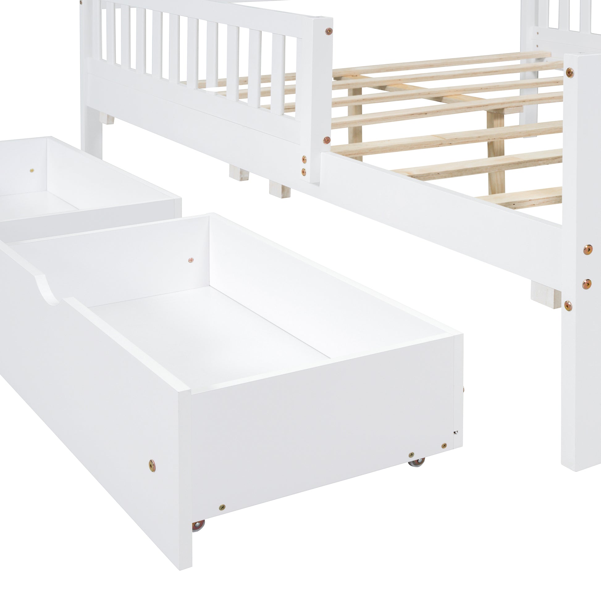 White wooden twin bed frame with two underbed storage drawers