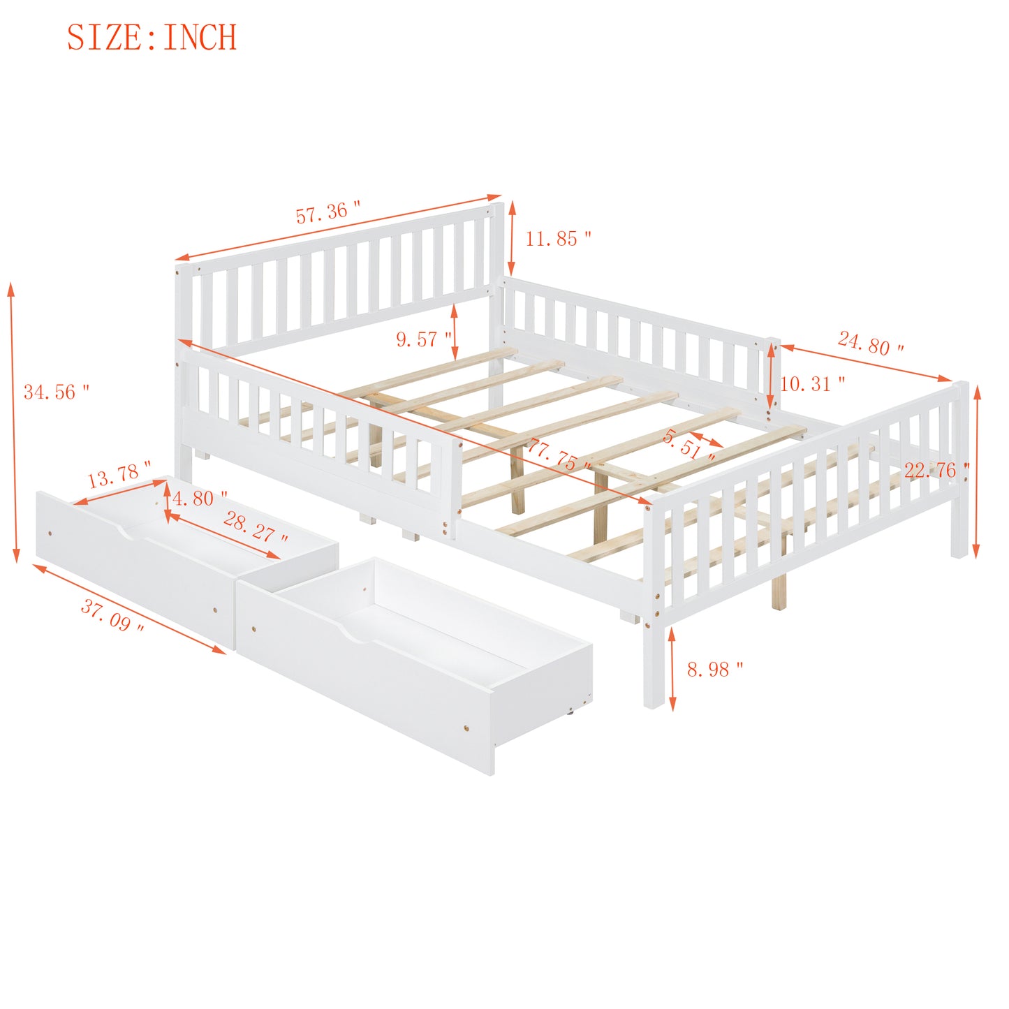 White twin bed frame with slatted support and two storage drawers