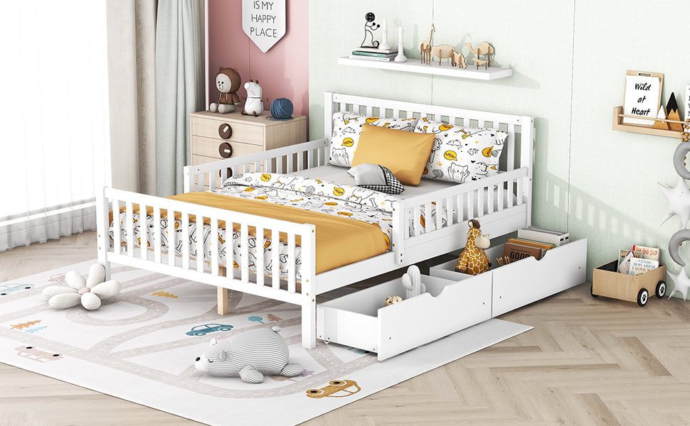 White wooden toddler bed with guardrails and storage drawers