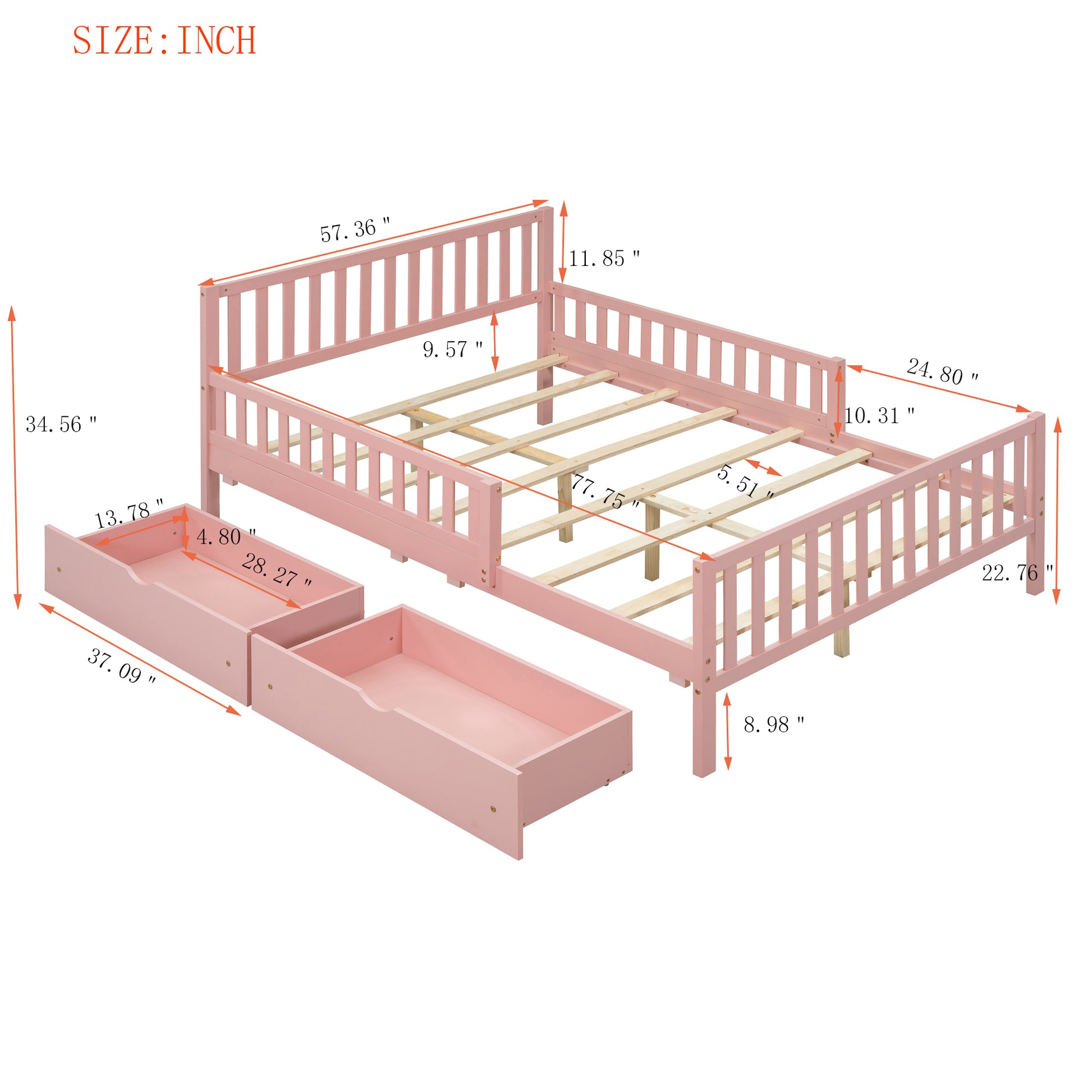 Pink wooden toddler bed frame with integrated side rails and two underbed storage drawers
