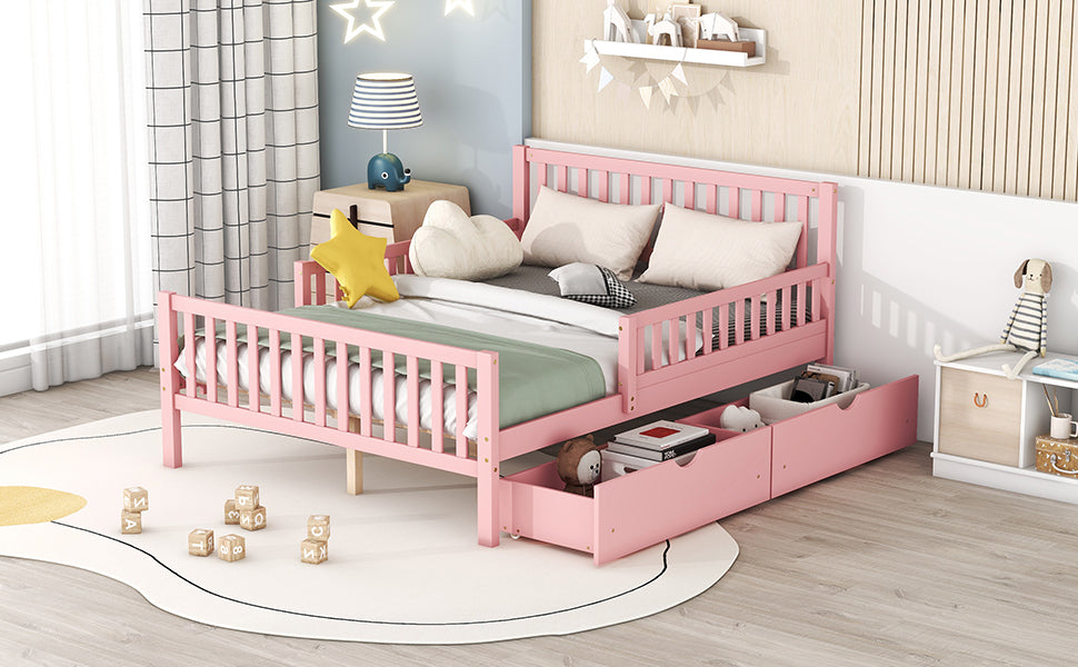 Pink wooden toddler bed with safety rails and storage drawers