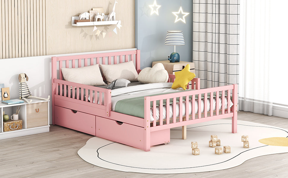 Pink toddler bed with drawers and guard rails