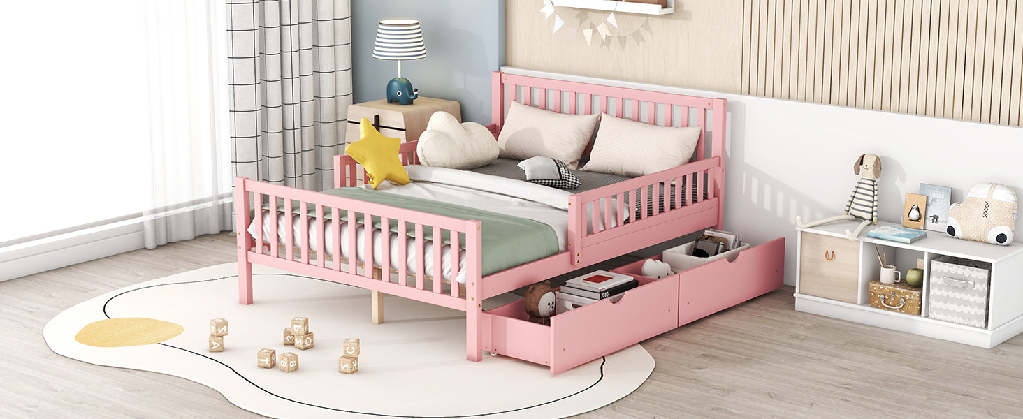 Pink toddler bed with safety rails and storage drawers