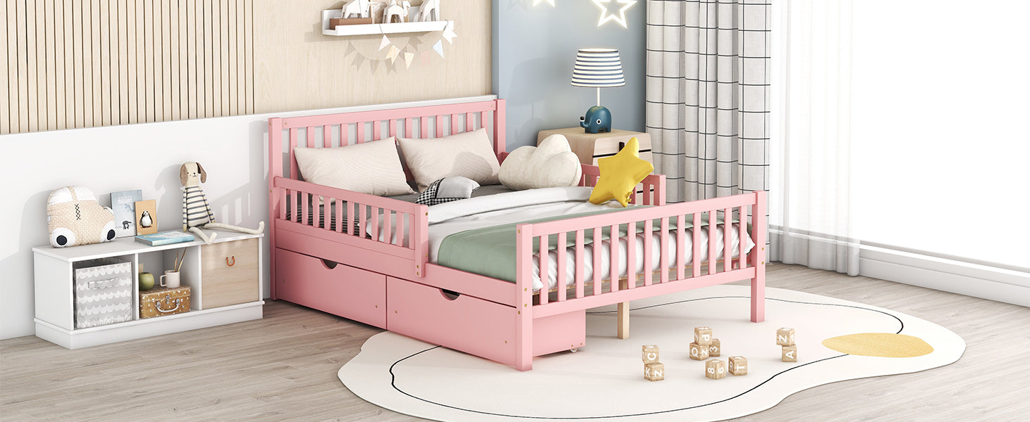 Pink wooden toddler bed with drawers and guardrail