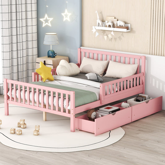 Pink wooden toddler bed with drawers and a crib mattress