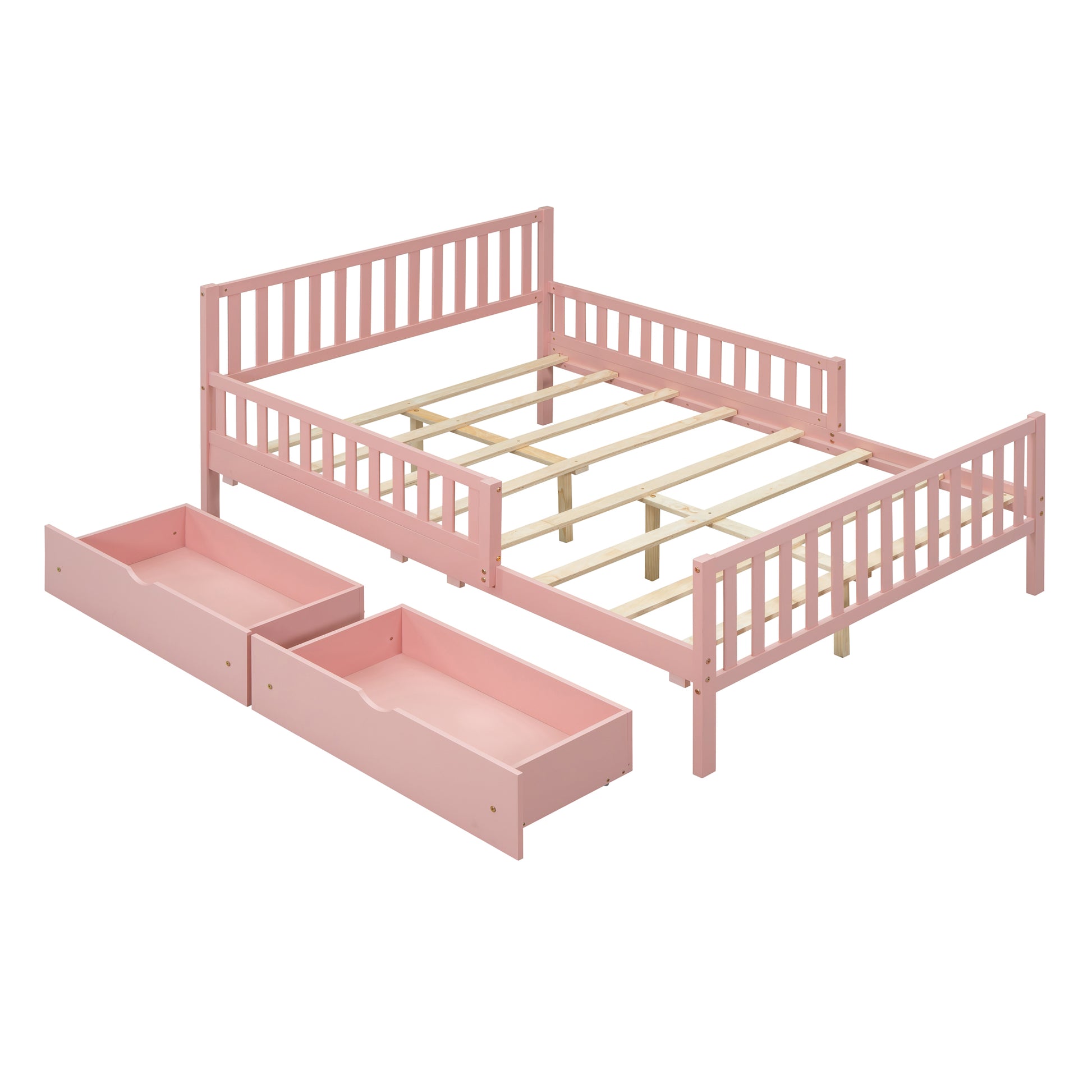 Pink wooden toddler bed with two storage drawers included