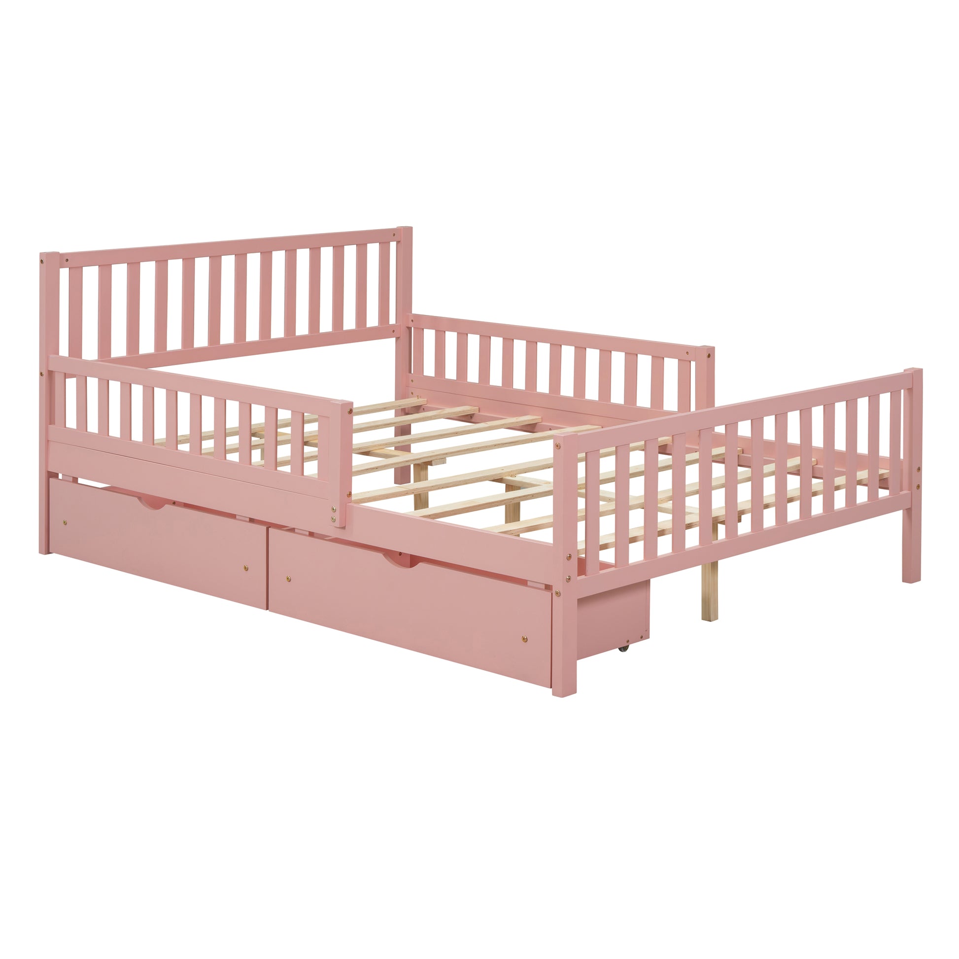 Pink wooden toddler bed with guardrails and storage drawers