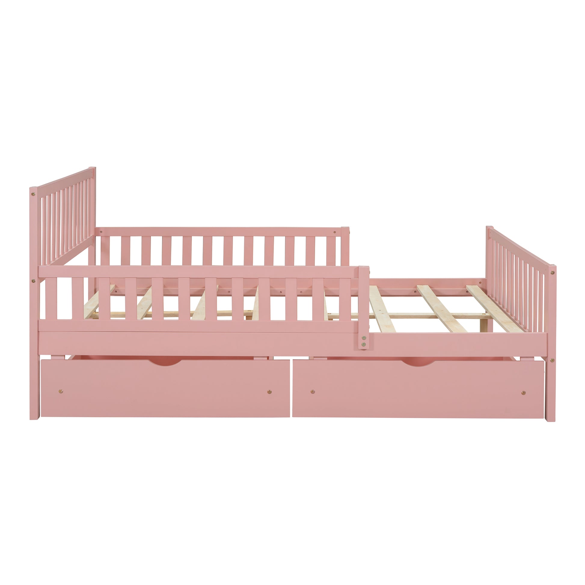 Pink toddler bed with safety rails and two storage drawers