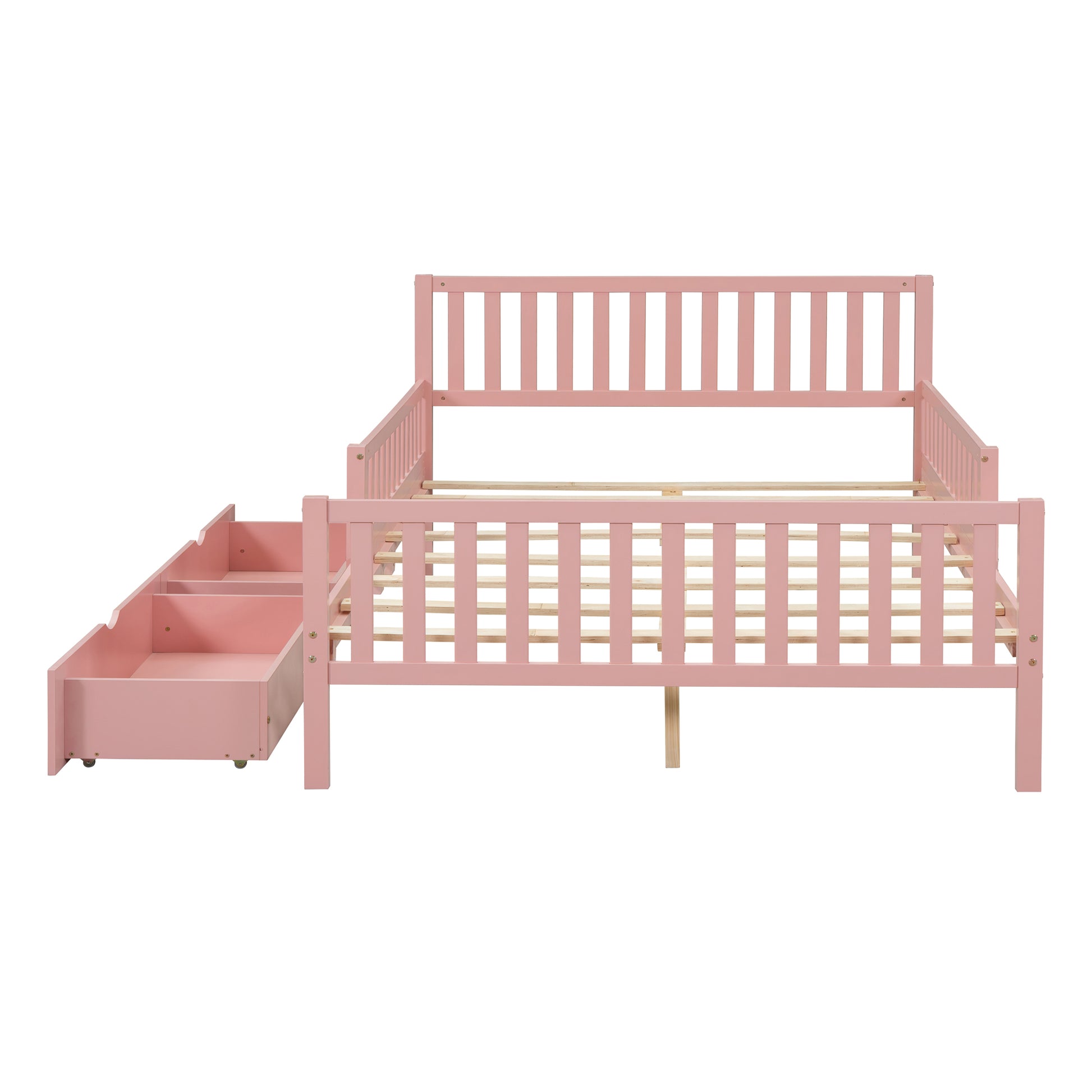 Pink wooden daybed with integrated storage drawers and slatted frame