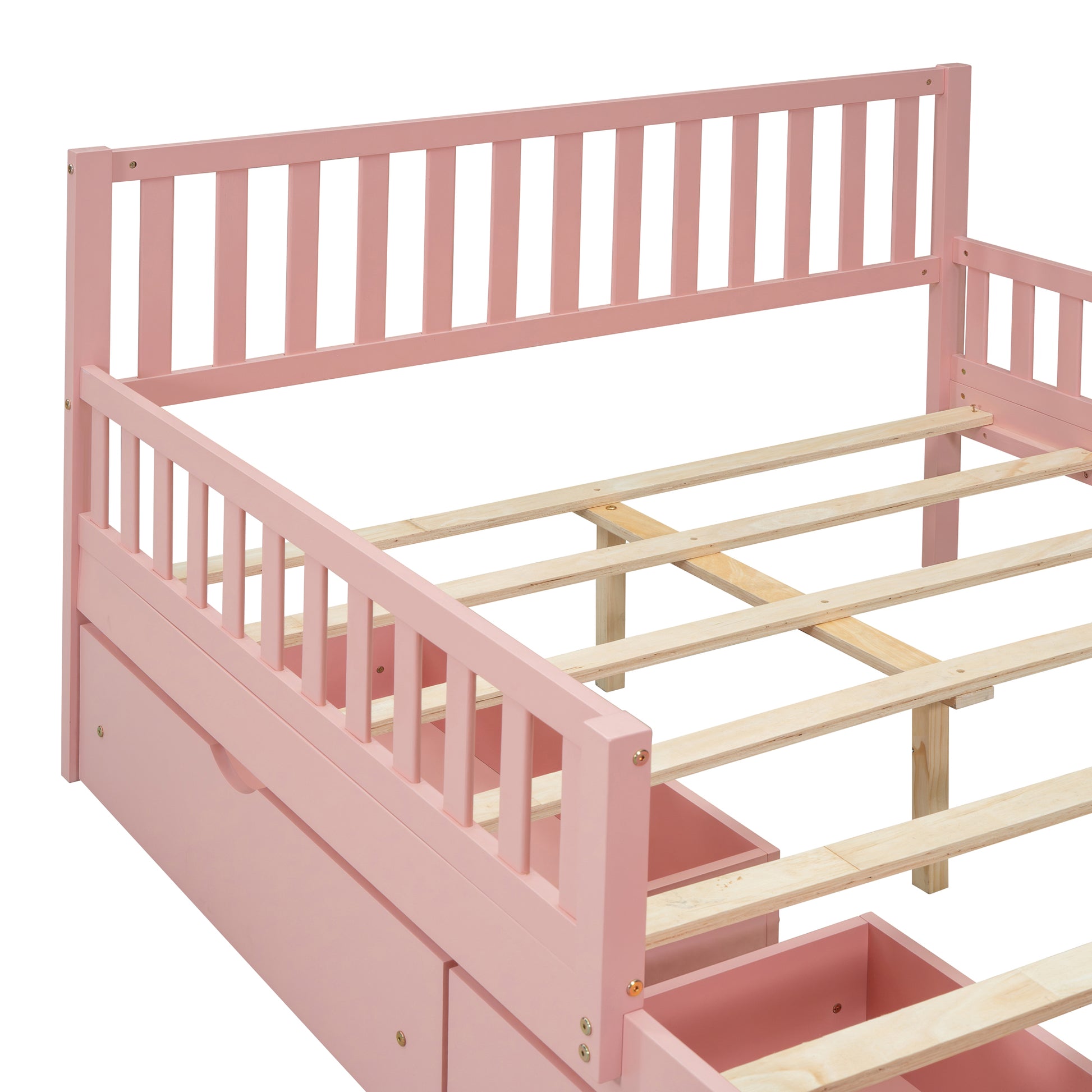 Pink wooden twin bed frame with drawers and slatted support