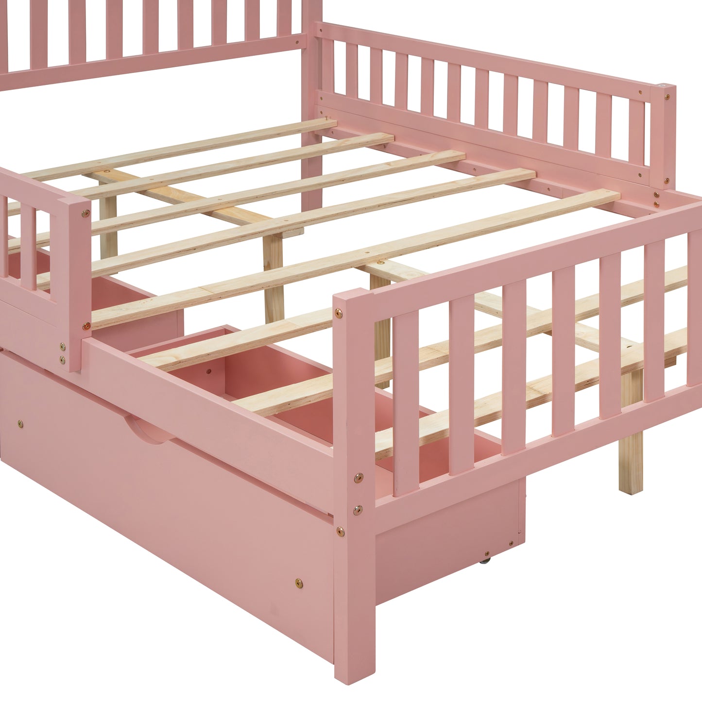 Pink wooden toddler bed frame with integrated storage drawers and slatted support for mattress