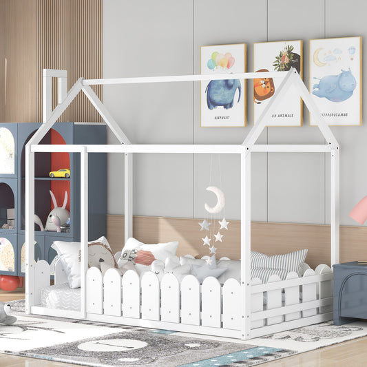 TREATLIFE HOME Twin Size Wood House Bed Frame with Roof and Fence for Kids, Playroom and Sleeping - White