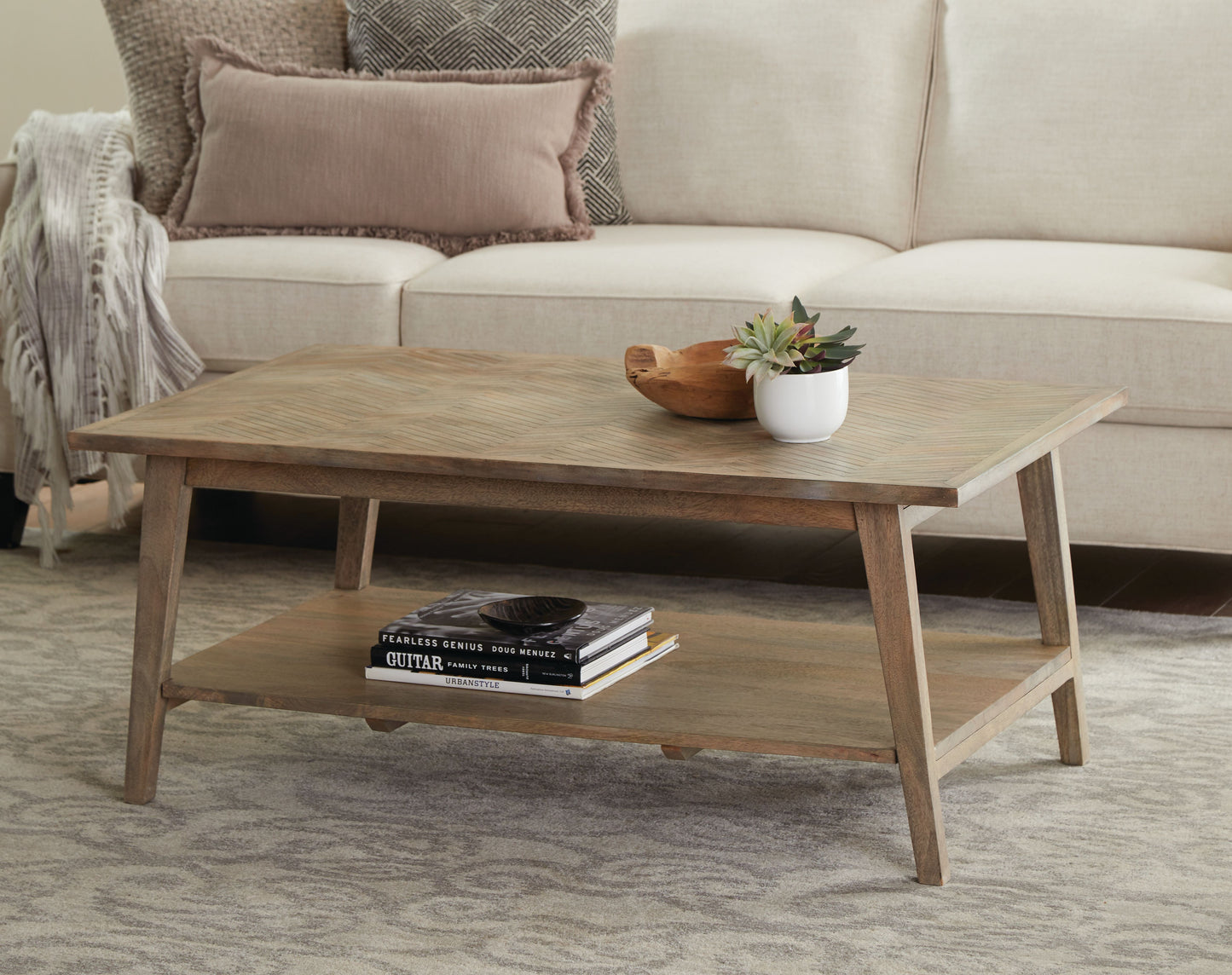 TREATLIFE HOME Rectangular Cocktail Table with Herringbone Pattern Top and Bottom Shelf for Storage, Light Brown Finish