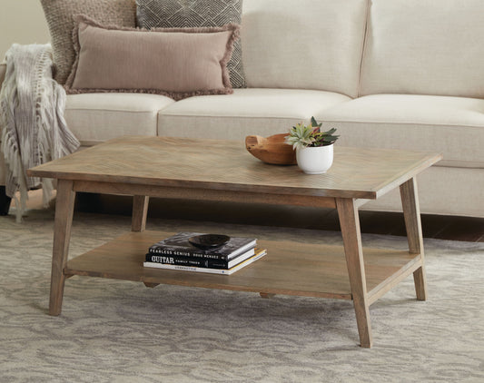 TREATLIFE HOME Rectangular Cocktail Table with Herringbone Pattern Top and Bottom Shelf for Storage, Light Brown Finish