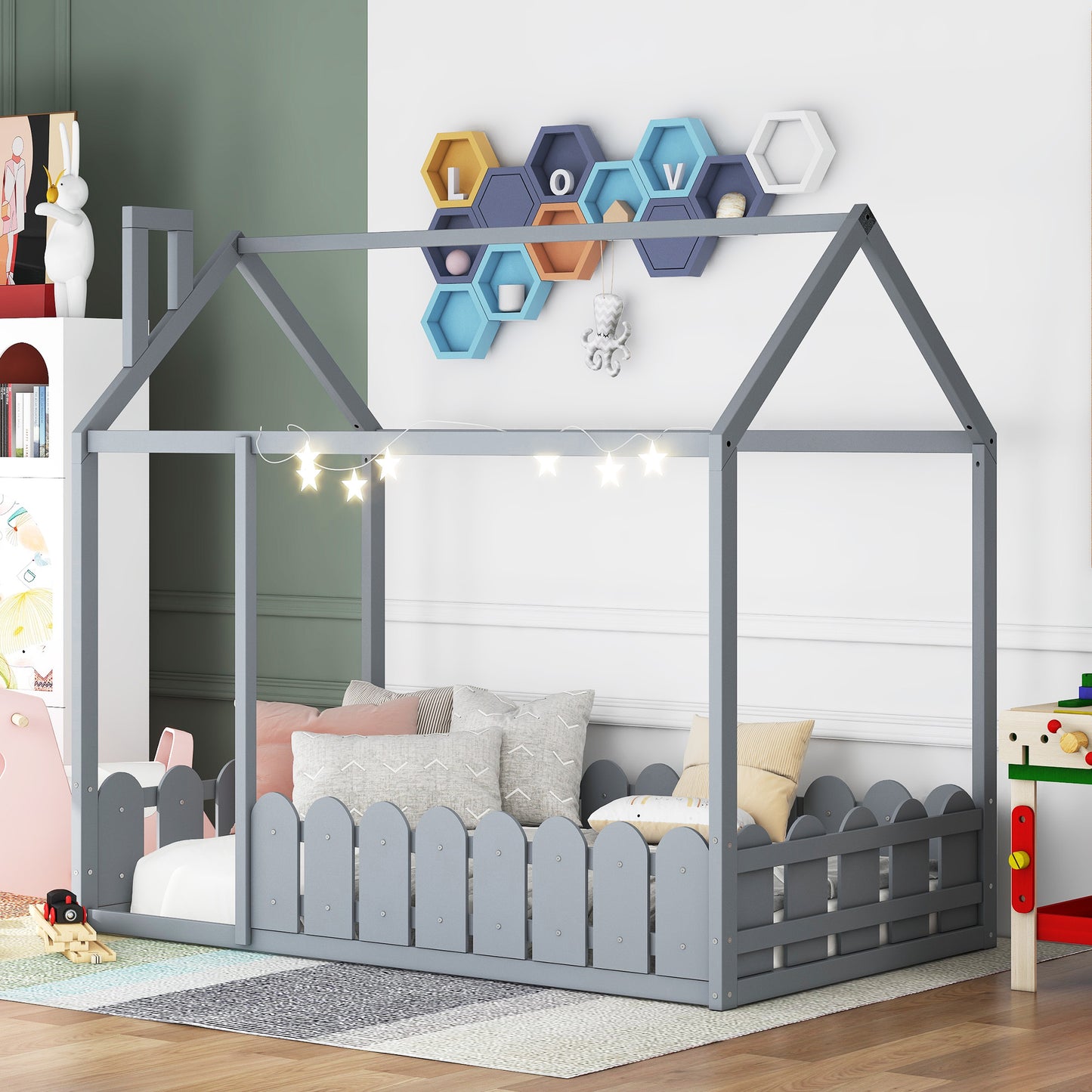 TREATLIFE HOME Twin Size Wood House Bed Frame with Semi-Enclosed Roof and Fence, for Kids and Teens, Gray