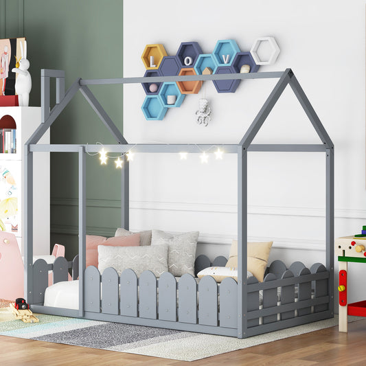 TREATLIFE HOME Twin Size Wood House Bed Frame with Semi-Enclosed Roof and Fence, for Kids and Teens, Gray