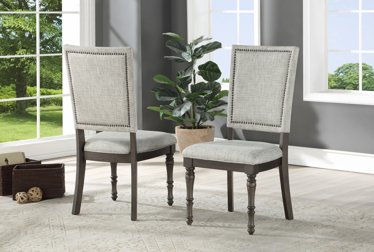 TREATLIFE HOME Upholstered Back Chair Set of 2 with Nailhead Trim, Dark Brown Wood Finish