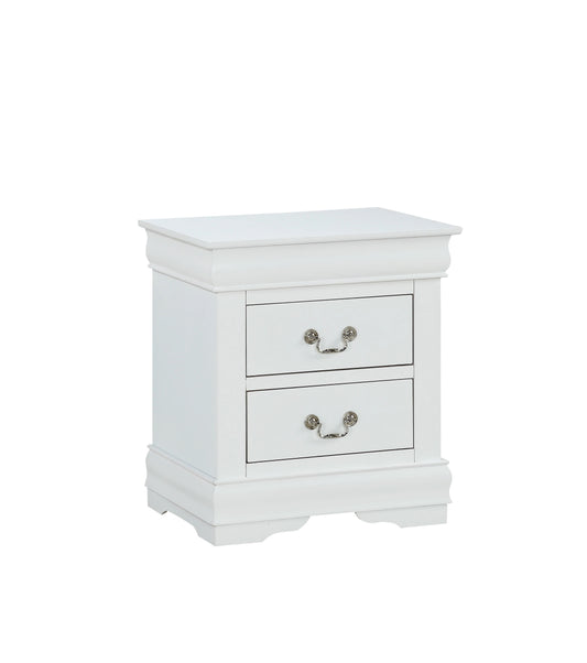 Classic white bedside table with two drawers and ornate silver handles