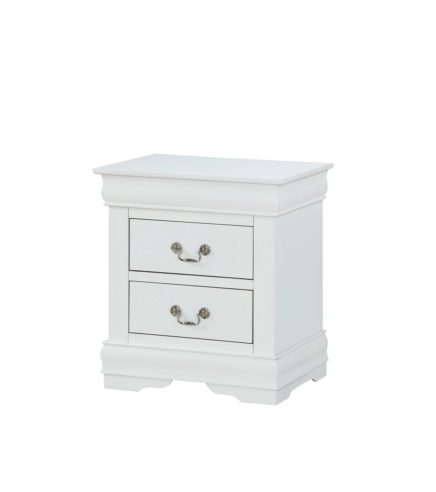 White twodrawer nightstand with ornate silver pulls and classic molding