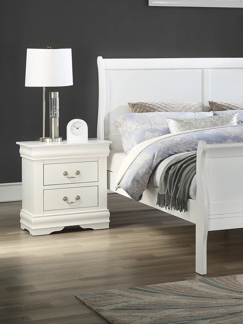 Classic white sleigh bed frame with upholstered headboard and side rails
