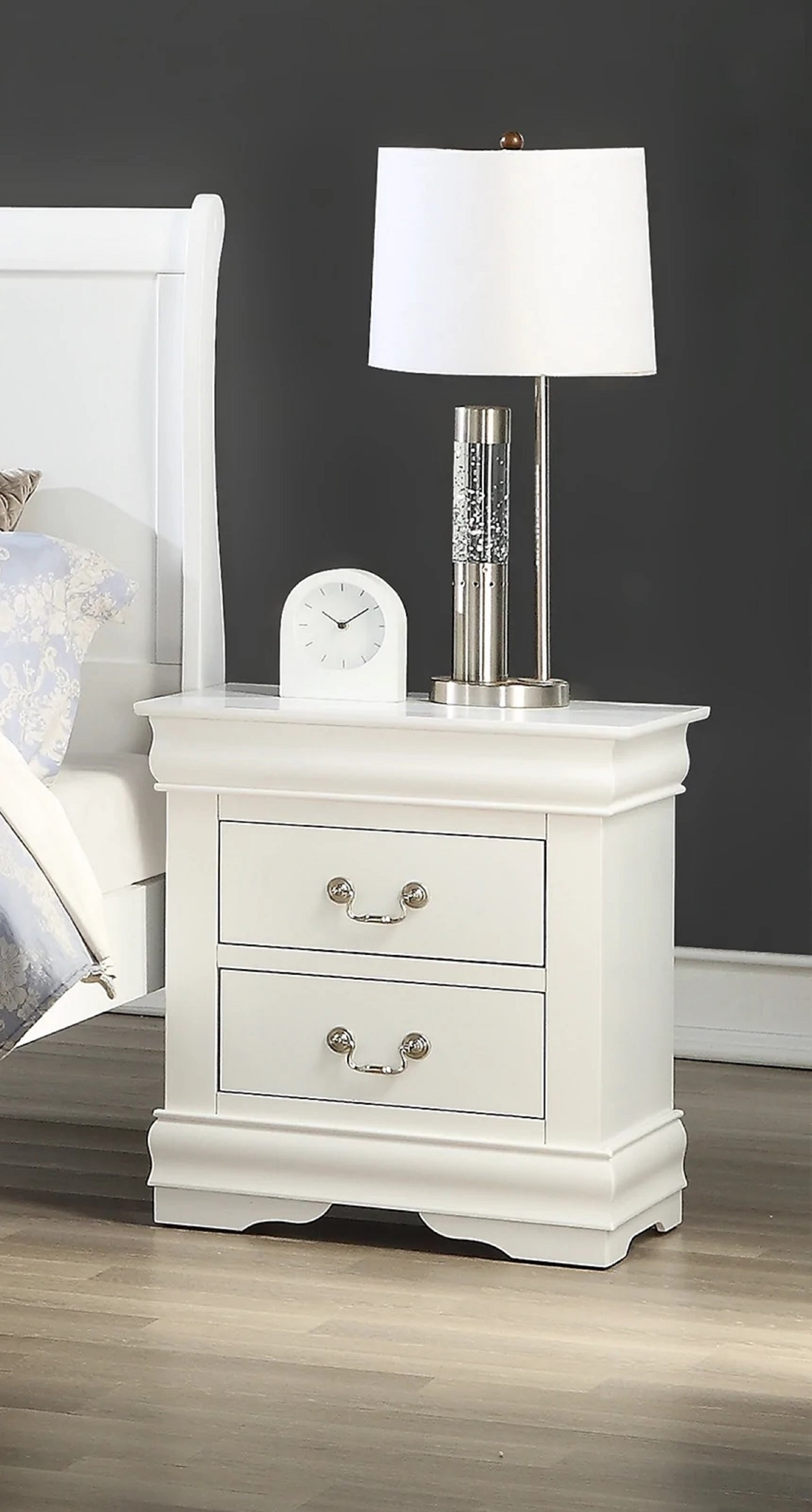 Elegant white nightstand with two drawers and silver hardware