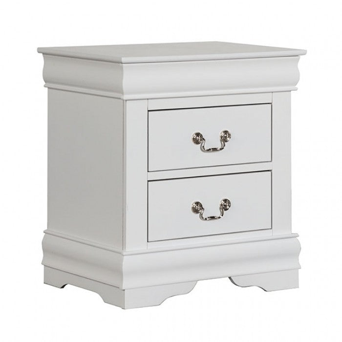 Elegant white twodrawer nightstand with ornate silver handles