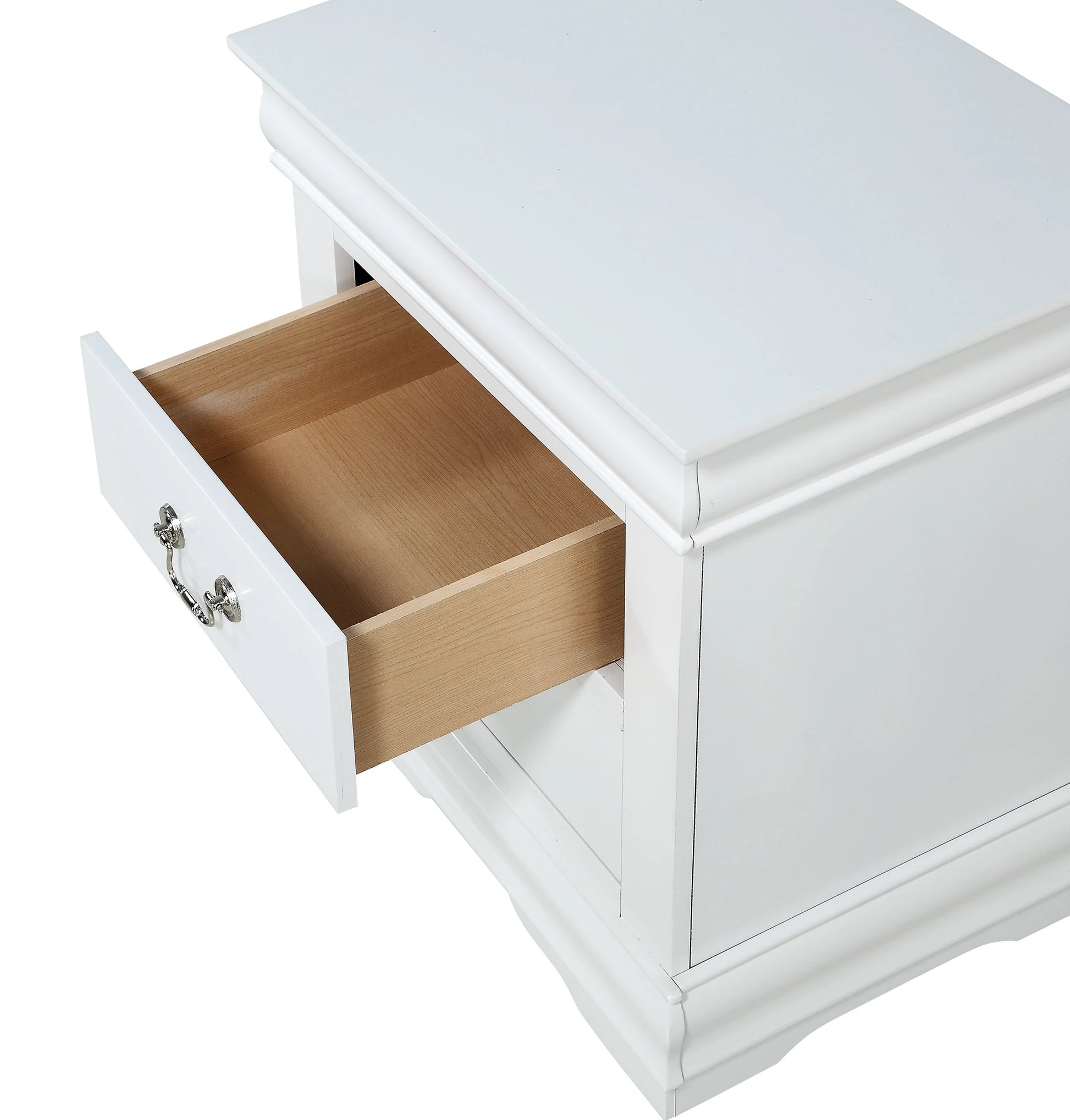 White bedside table with open drawer and silver pull