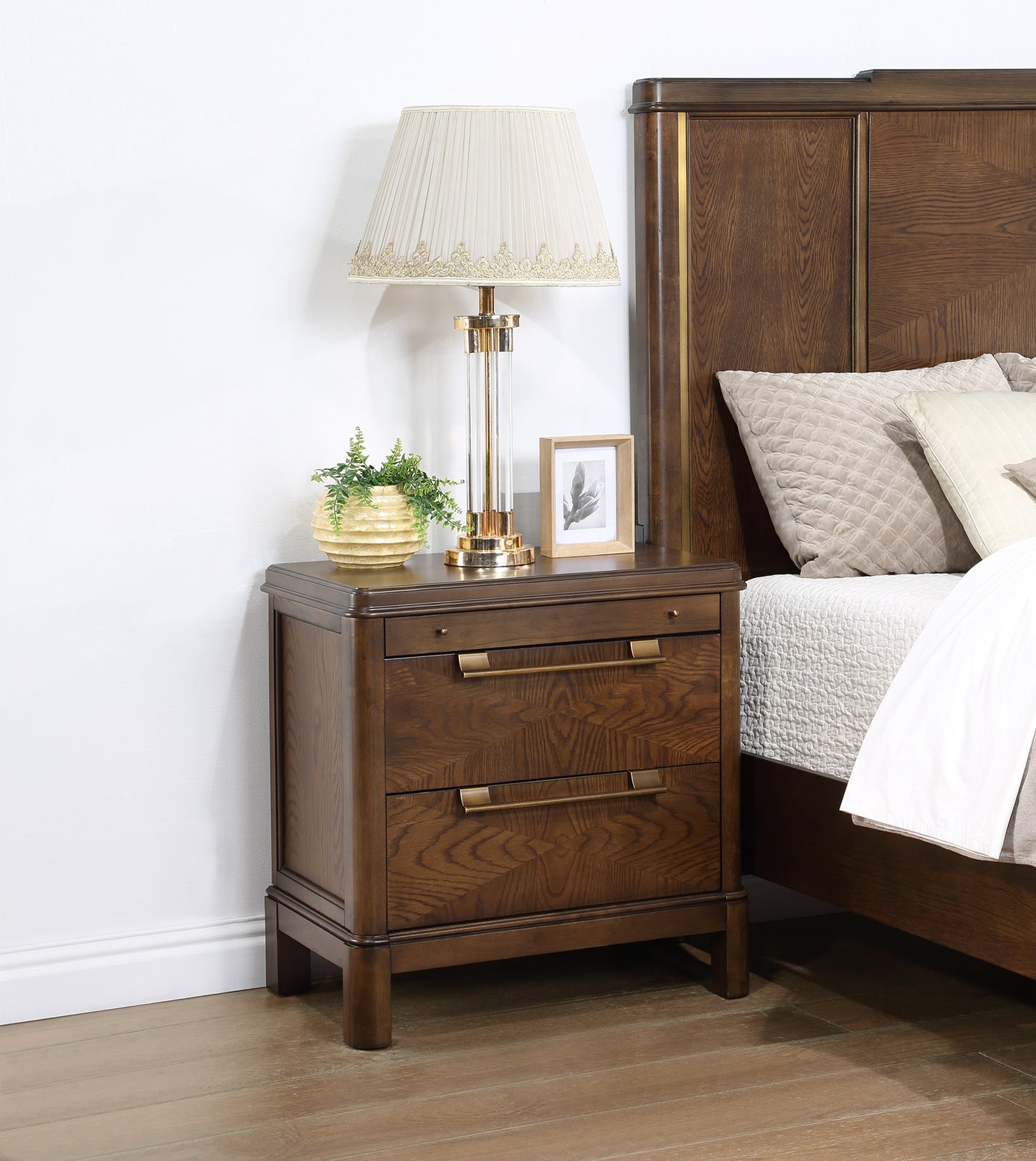 TREATLIFE HOME Nightstand with Pull-Out Shelf and Two Drawers, Dark Brown Wood Finish, Sunburst Veneer Pattern