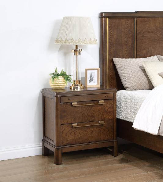 TREATLIFE HOME Nightstand with Pull-Out Shelf and Two Drawers, Dark Brown Wood Finish, Sunburst Veneer Pattern