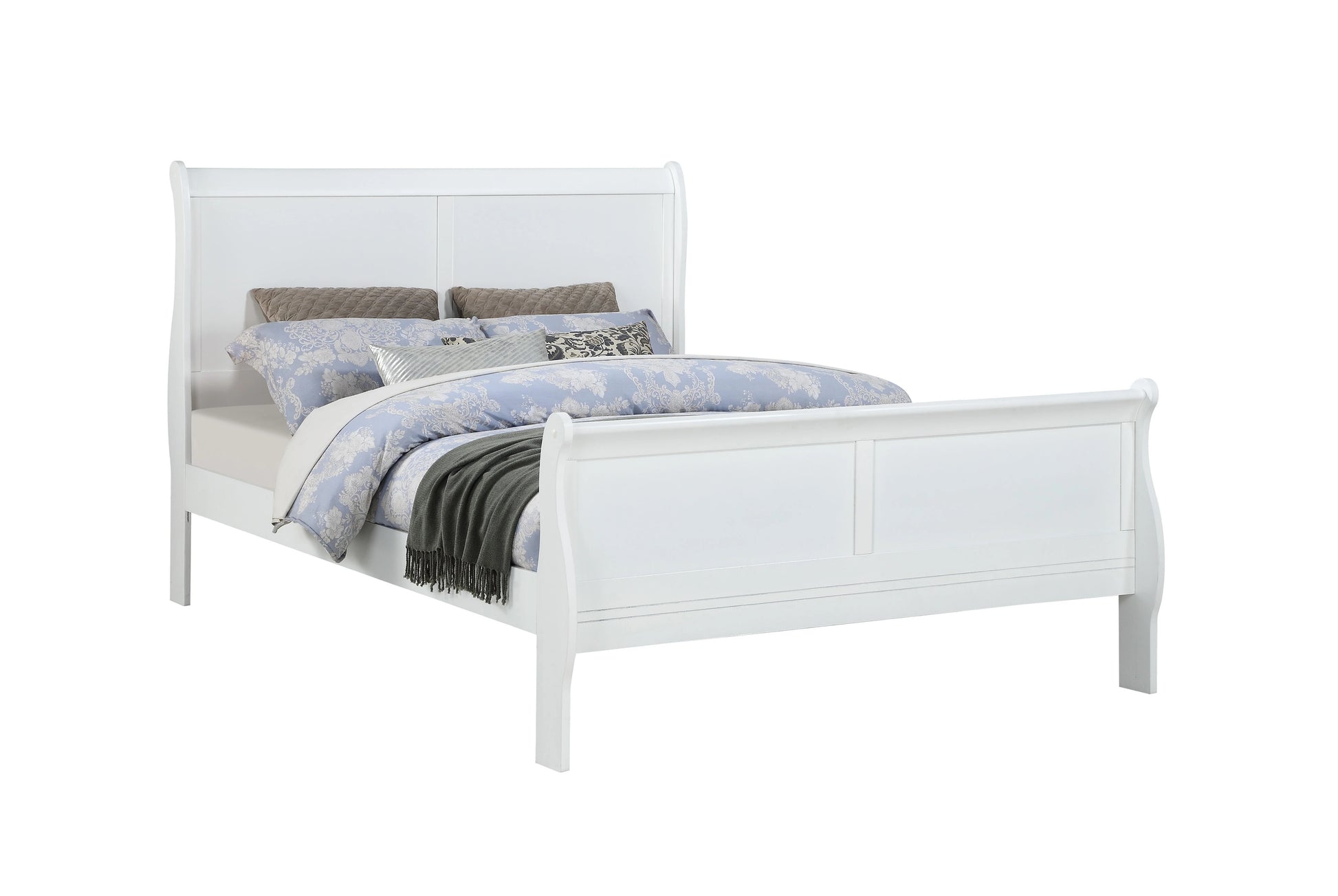 White sleigh bed frame with curved headboard and footboard featuring upholstered bedding