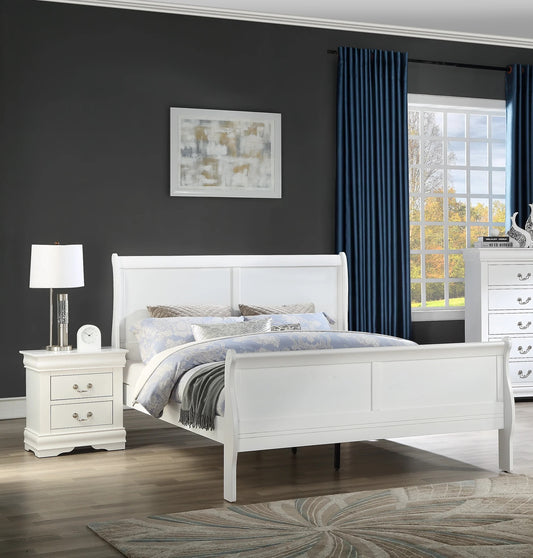 White sleigh bed frame with classic design and upholstered pillows