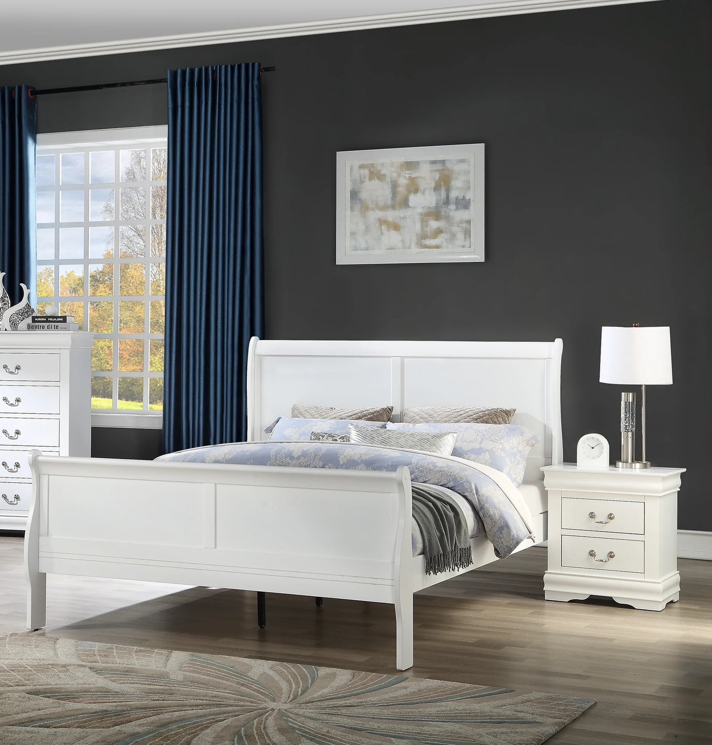 White sleigh bed frame with upholstered headboard