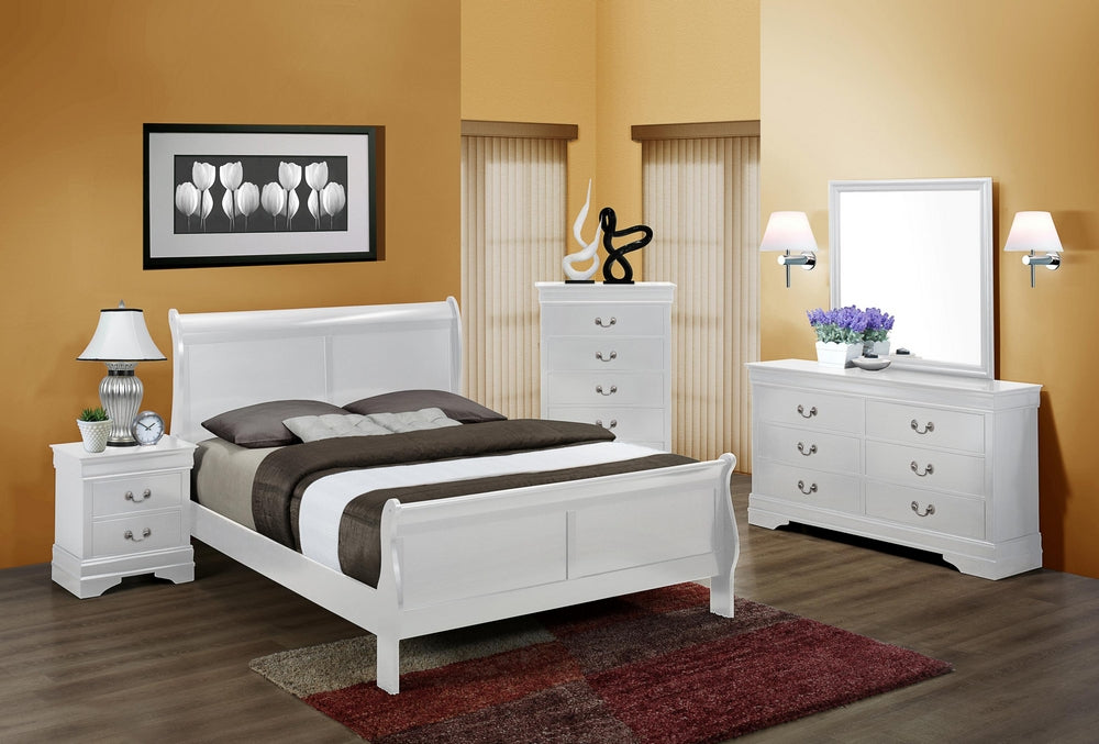 White sleigh bed frame with upholstered headboard