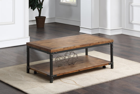 TREATLIFE HOME Rustic-Industrial Cocktail Table with Mixed Media Styling and Antiqued Honey Finish, Bottom Shelf for Additional Storage