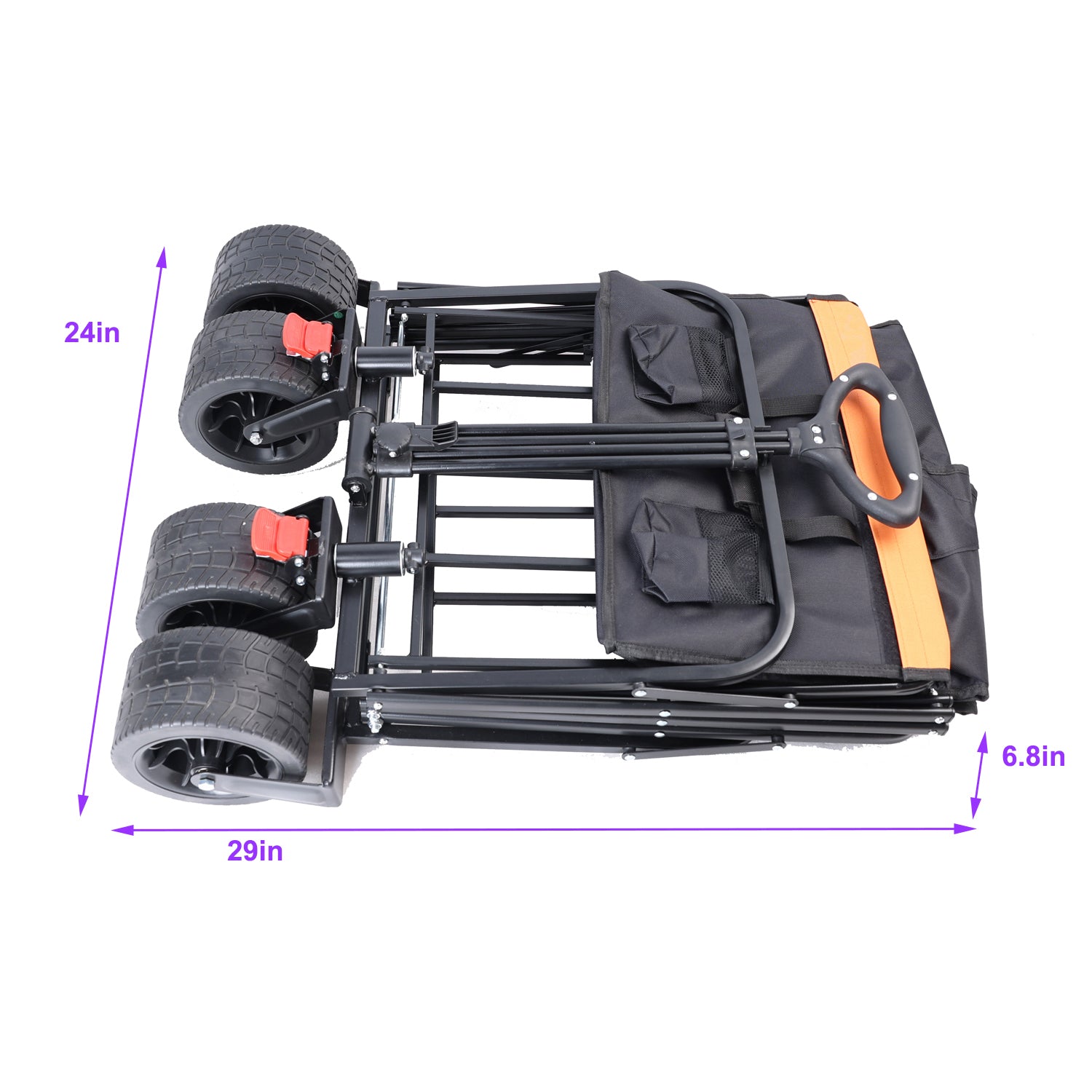 Collapsible garden wagon with large wheels black fabric and orange handle