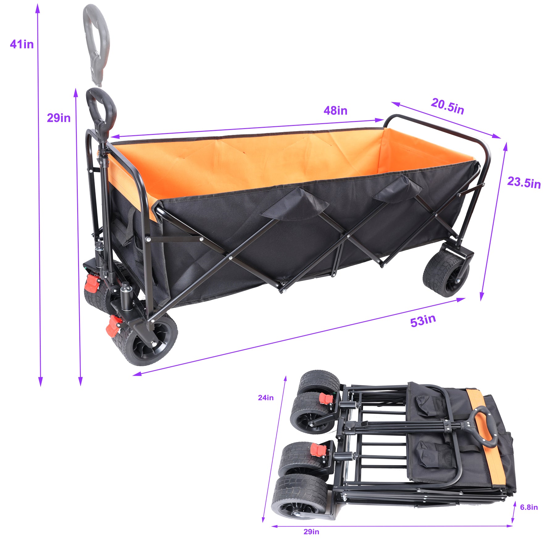 Black and orange collapsible garden cart with large wheels and adjustable handle