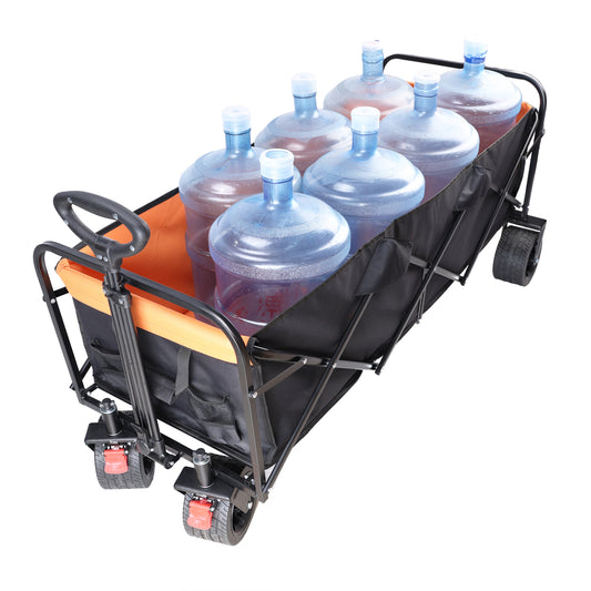 Black folding wagon carrying six large water jugs with orange interior
